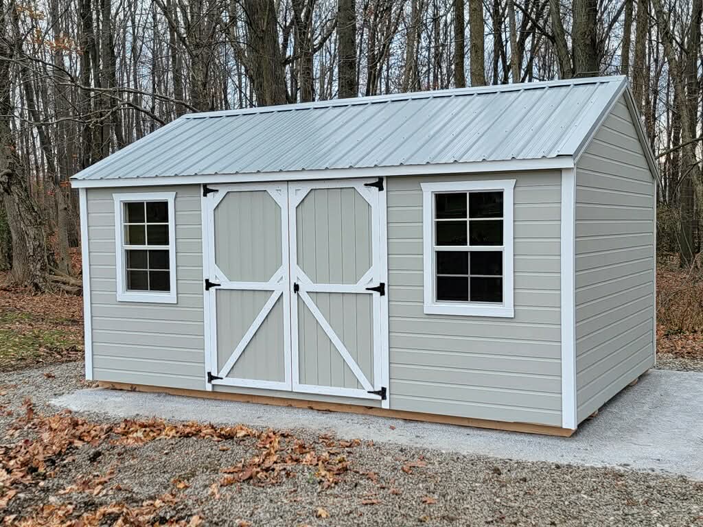 Grey Amish Built Sheed with White Trim
